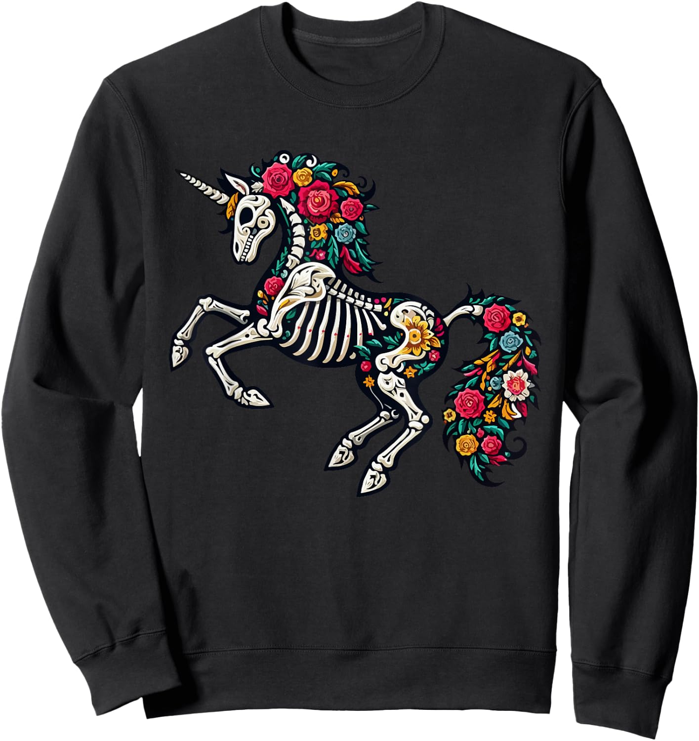 Floral Skeleton Unicorn Mexican Dia De Los Muertos Halloween Sweatshirt - Sweatshirt | Black