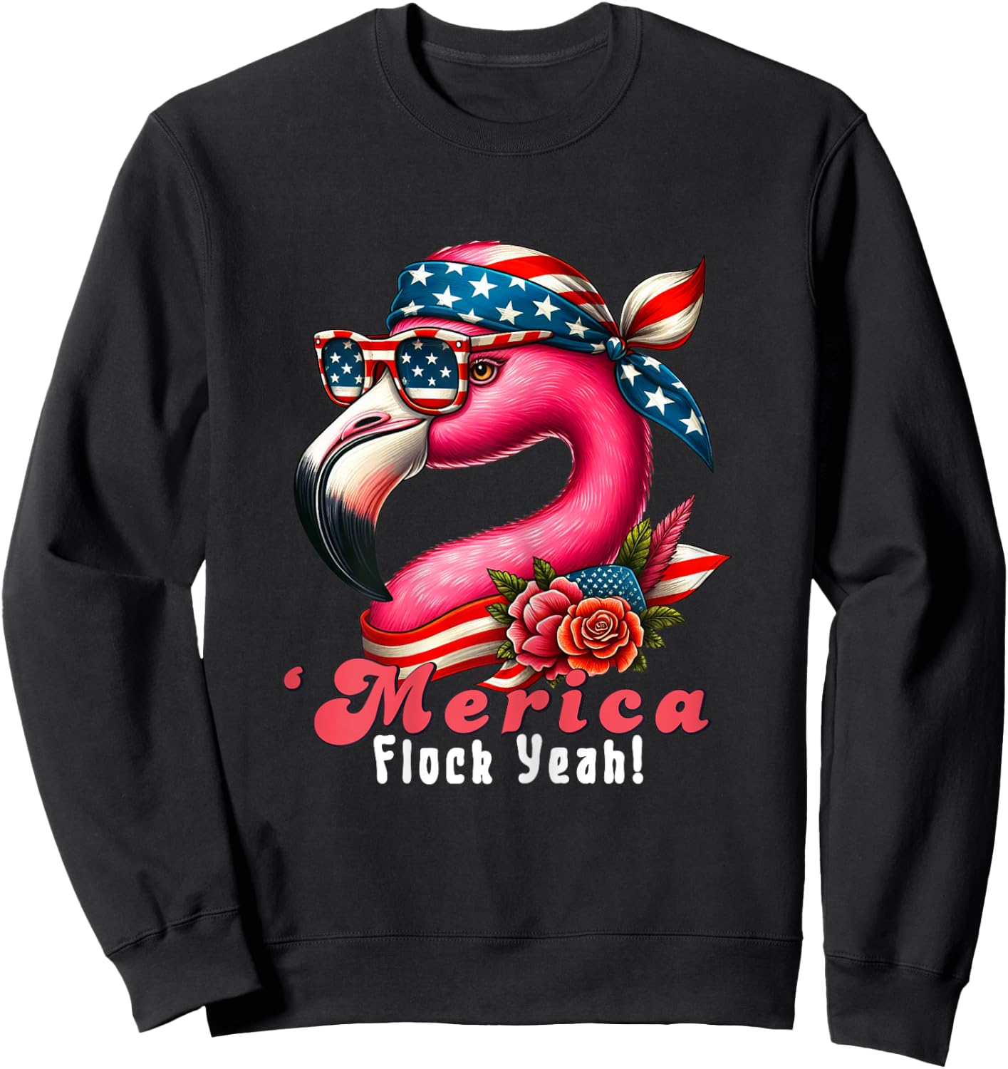 Merica Flock Yeah Patriotic Flamingo 4th of July Usa Flag Women Sweatshirt - Sweatshirt | Black