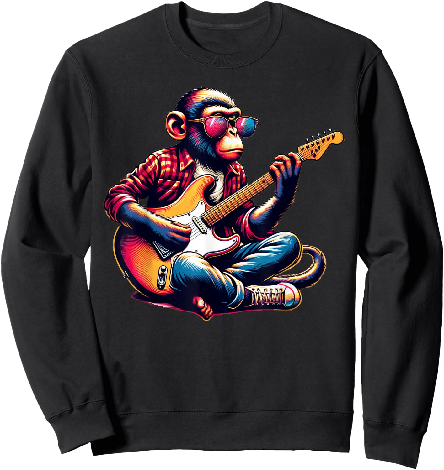 Monkey Wearing Sunglasses Playing Guitar Musician Music Sweatshirt - Sweatshirt | Black