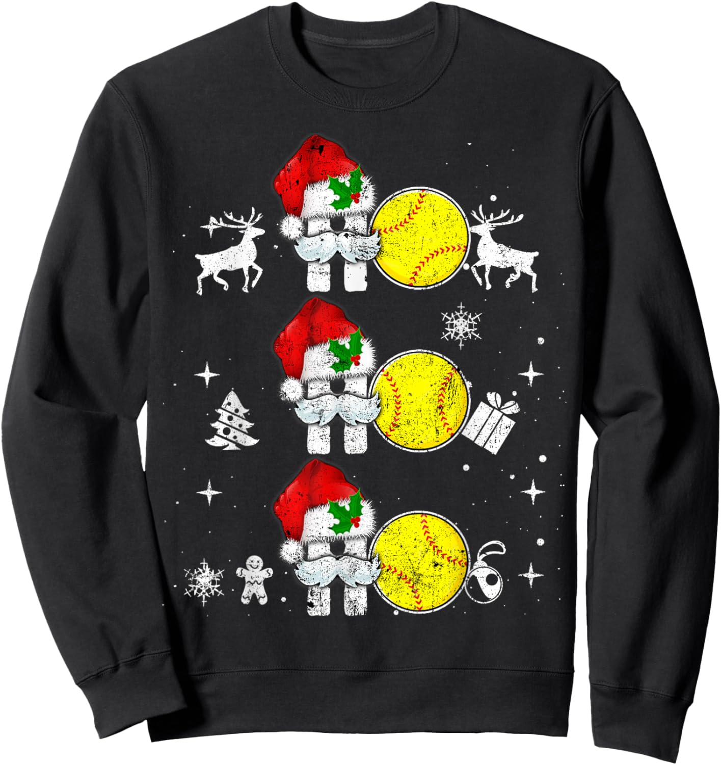 Christmas Softball Ho Ho Funny Xmas Sport Reindeer Santa Hat Sweatshirt - Sweatshirt | Black