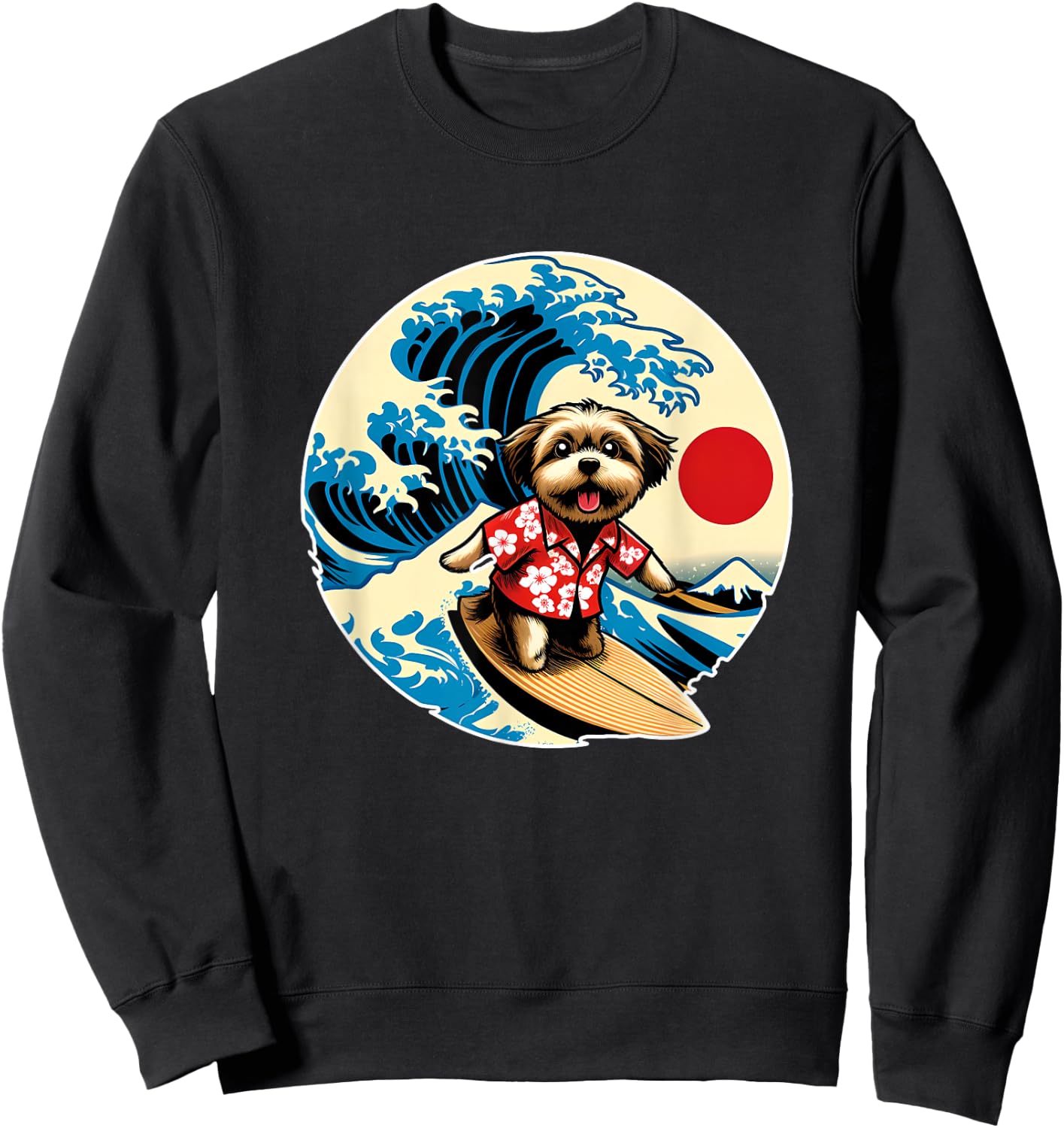 Great Wave Kanagawa Morkie dog Surfing Women Kids Sweatshirt - Sweatshirt | Black