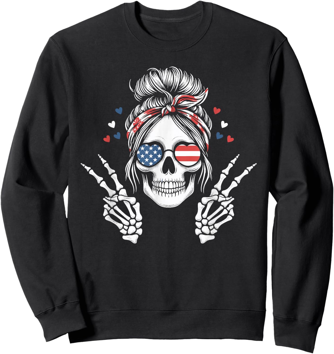 Patriotic American Flag Skull Messy Bun Peace USA 4th July Sweatshirt - Sweatshirt | Black