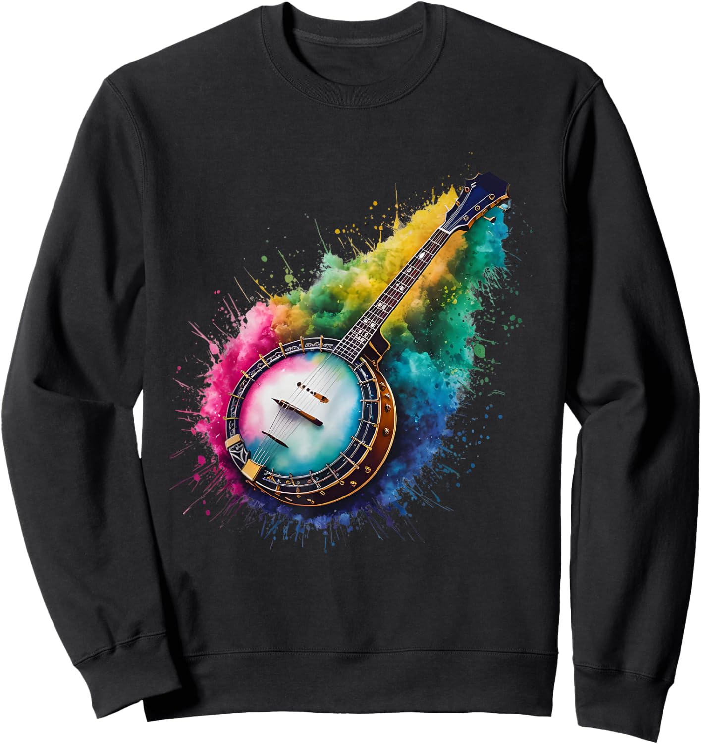 Playing Banjo Men Woman Colorful Watercolor Banjo Sweatshirt - Sweatshirt | Black