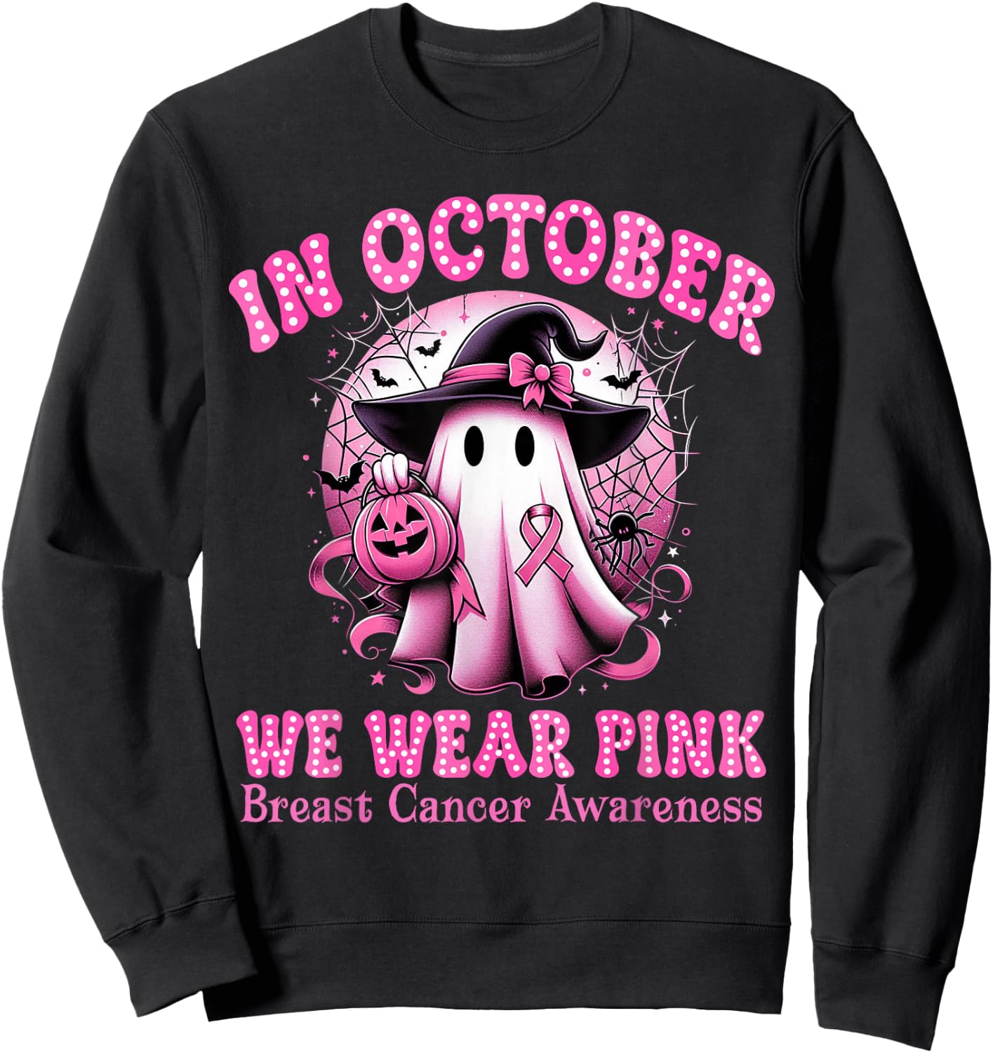 Breast Cancer In October We Wear Pink Witch Ghost Halloween Sweatshirt - Sweatshirt | Black