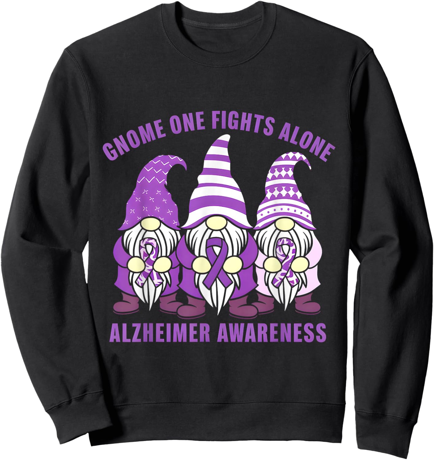 Gnome One Fights Alone Alzheimer Awareness Purple Ribbon Sweatshirt - Sweatshirt | Black