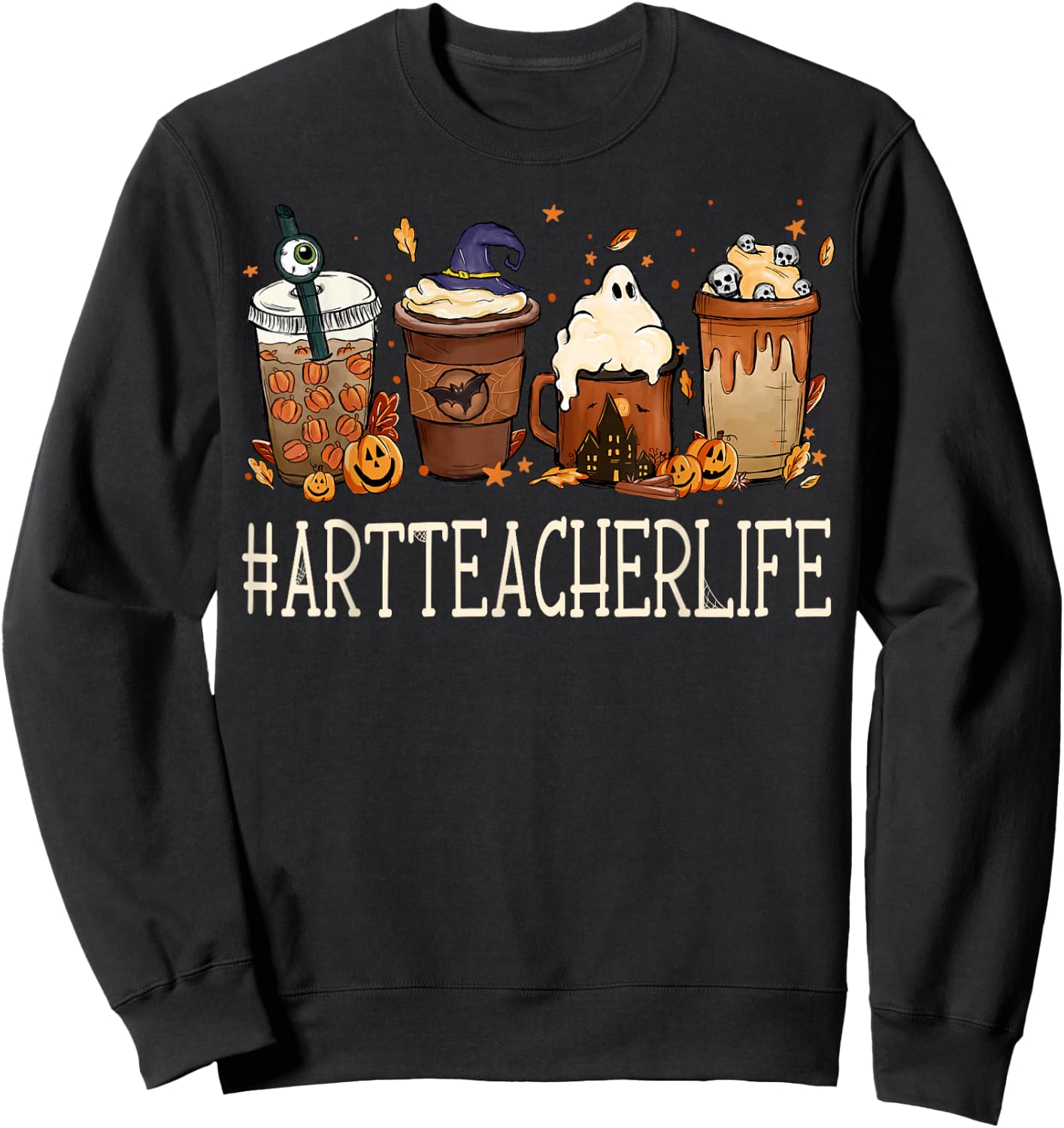 Art Teacher Horror Coffee Spooky Halloween Pumpkin Autumn Sweatshirt - Sweatshirt | Black