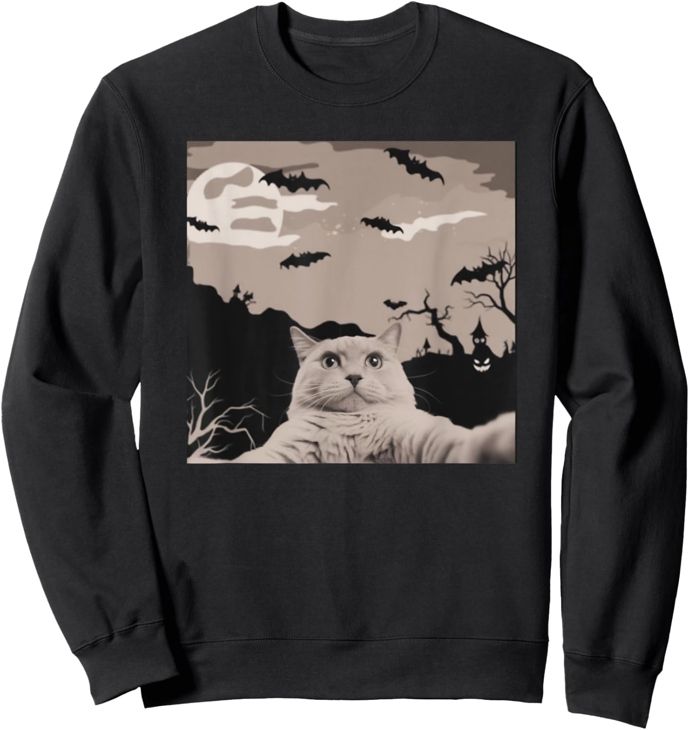 Cat Selfie With Halloween Background Funny Cat Gifts Sweatshirt - Sweatshirt | Black