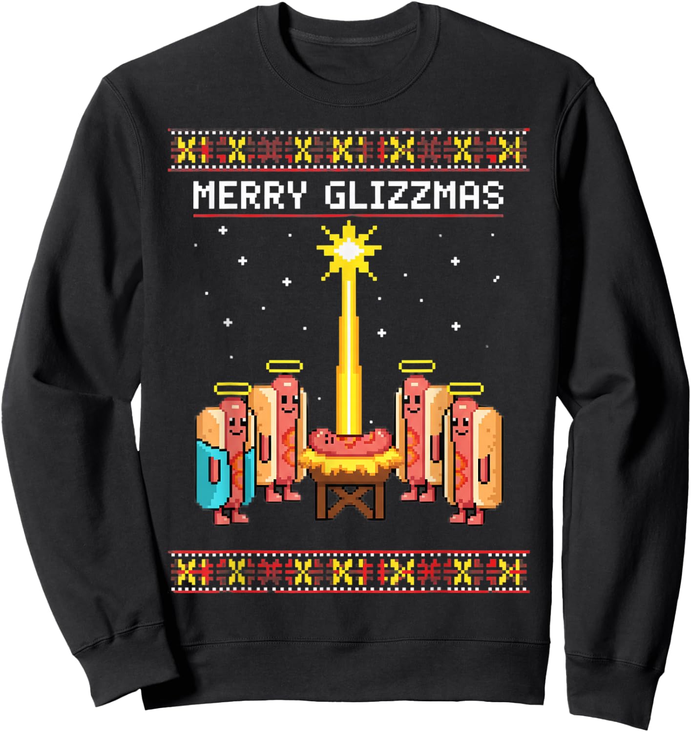 Dog Merry Glizzmas Retro Hotdog Squad Pixel Art Sweatshirt - Sweatshirt | Black