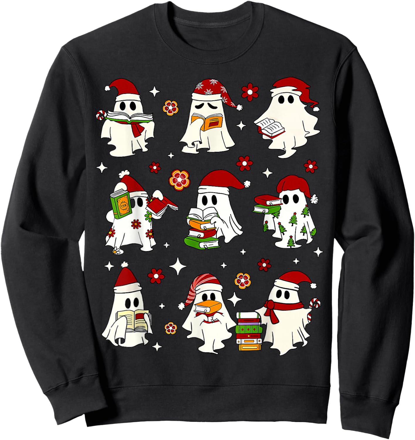 Funny Santa Ghost Reading Books Christmas Library Teacher Sweatshirt - Sweatshirt | Black