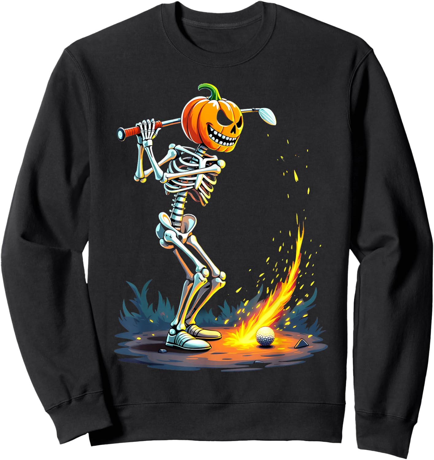 Pumpkin Head Skeleton Playing Golf Fireball Sweatshirt - Sweatshirt | Black