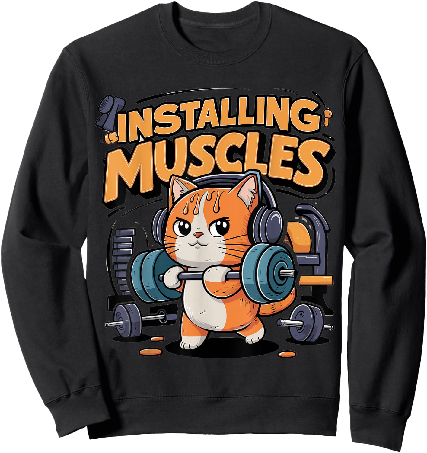 Funny Cat Installing Muscles Please Wait Lifting Barbell Women Girls Kids Sweatshirt - Sweatshirt | Black