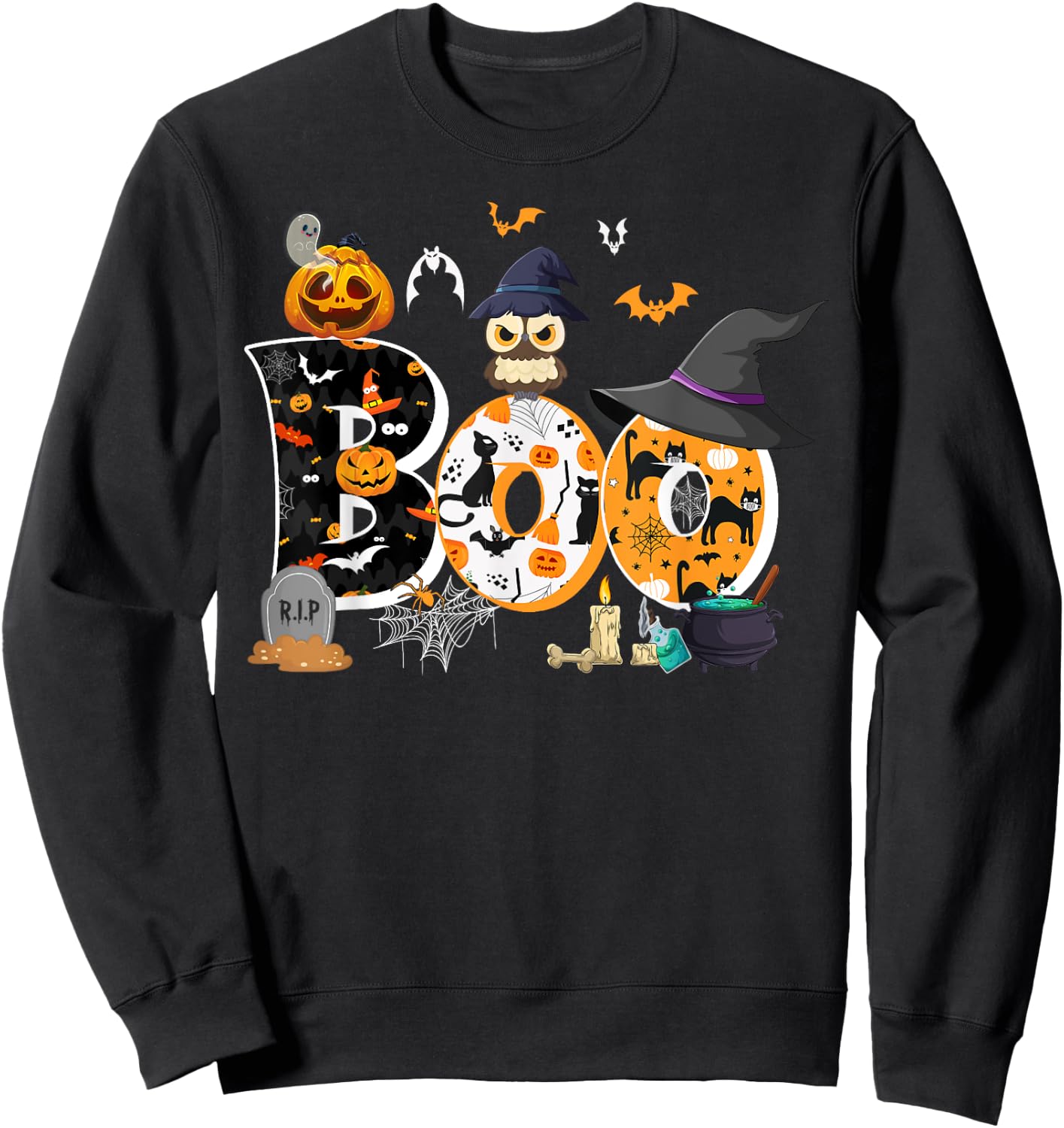 Halloween Costume Boo Owl Witch Hat Spider Pumpkin Sweatshirt - Sweatshirt | Black