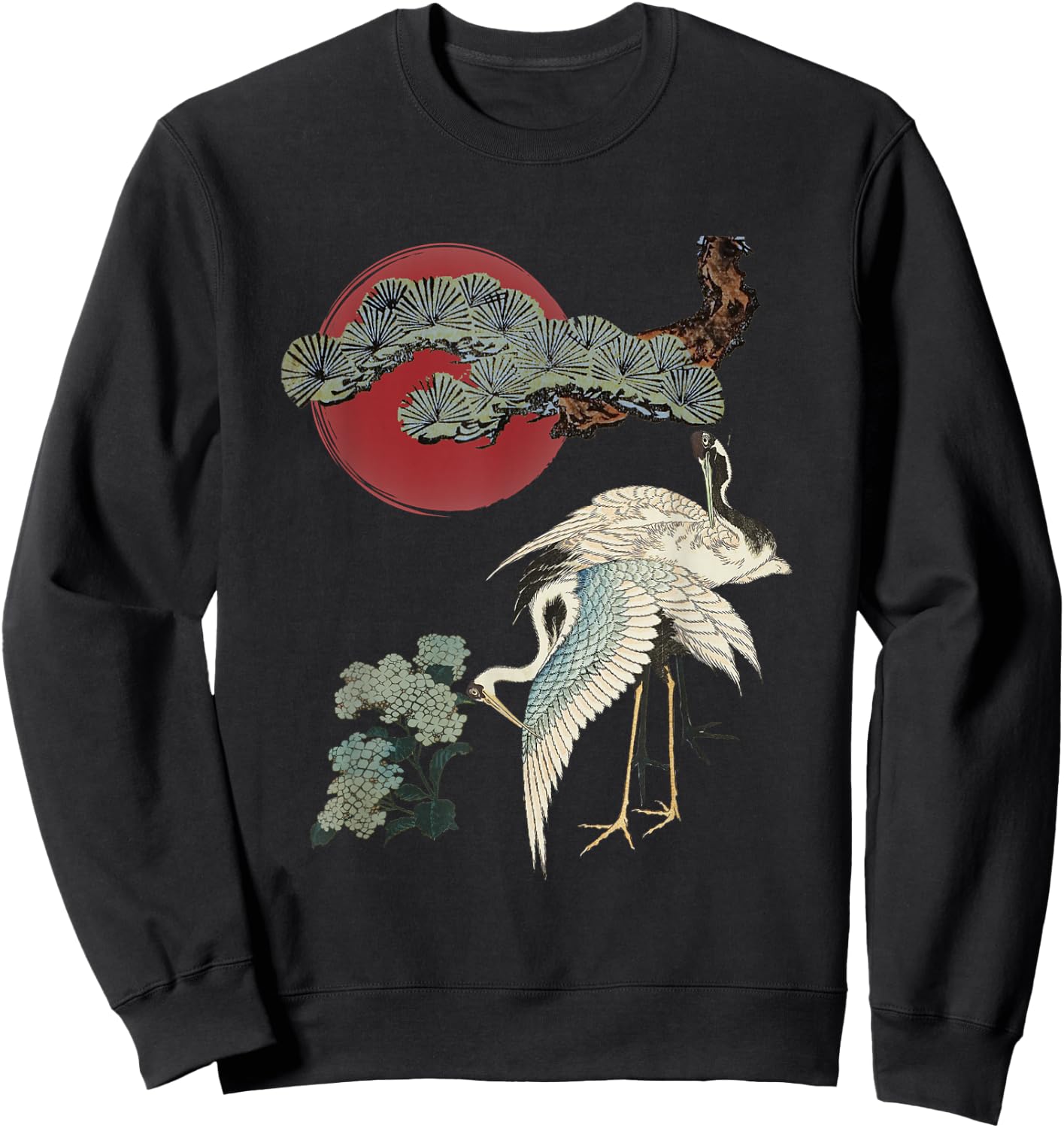 Japanese Crane and Pine Tree Art Elegant Traditional Design Sweatshirt - Sweatshirt | Black