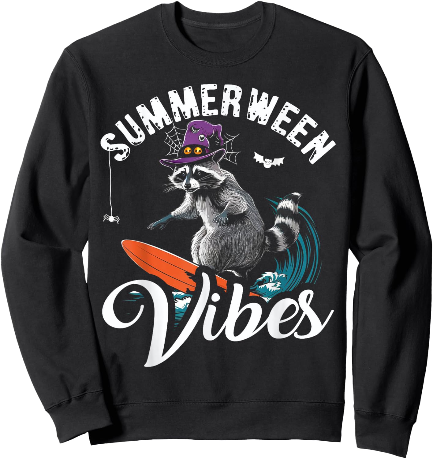 Summerween Vibes Raccoon Surfing Summer Halloween Vacation Sweatshirt - Sweatshirt | Black