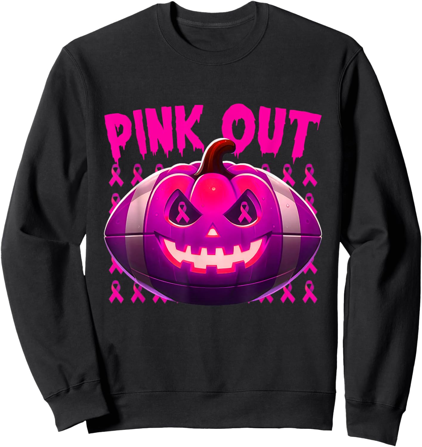 Pink Out Breast Cancer Awareness Football Halloween Pumpkin Sweatshirt - Sweatshirt | Black