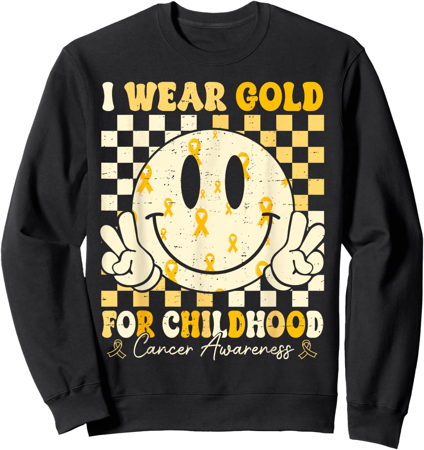 Retro I Wear Gold For Childhood Cancer Awareness Gold Ribbon Sweatshirt - Sweatshirt | Black