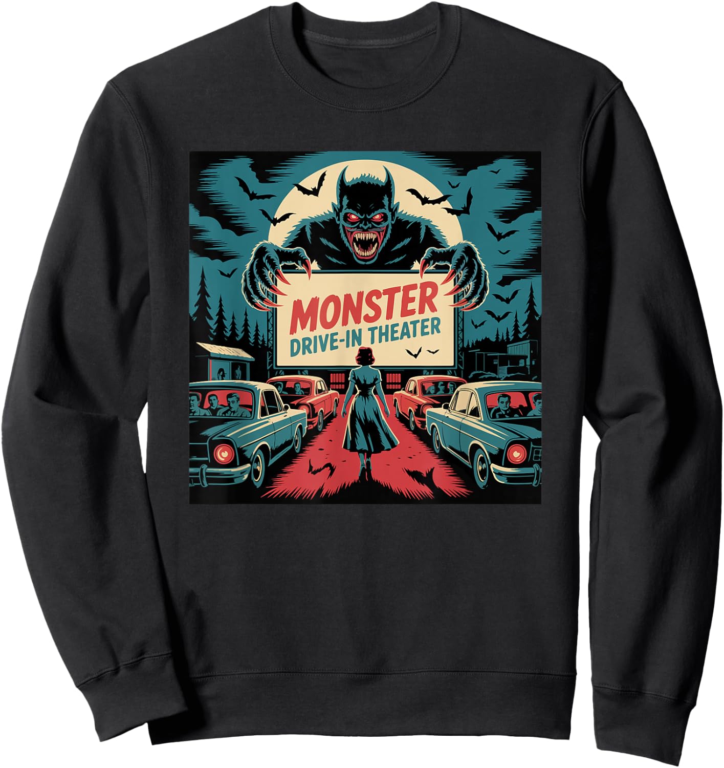 Retro Monster Drive-In Horror Movie Art Vintage Sweatshirt - Sweatshirt | Black