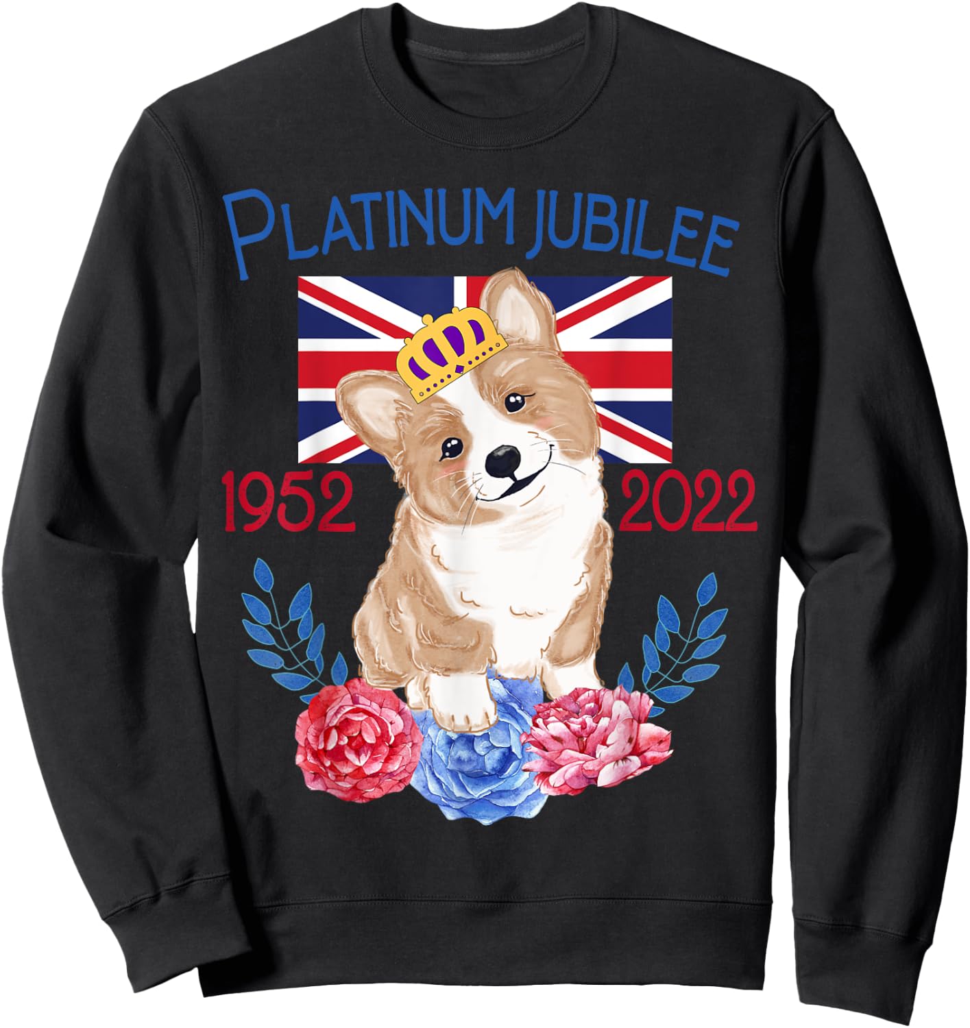 Queen's Platinum Jubilee 1952-2022 Funny Corgi UK Flag Sweatshirt - Sweatshirt | Black