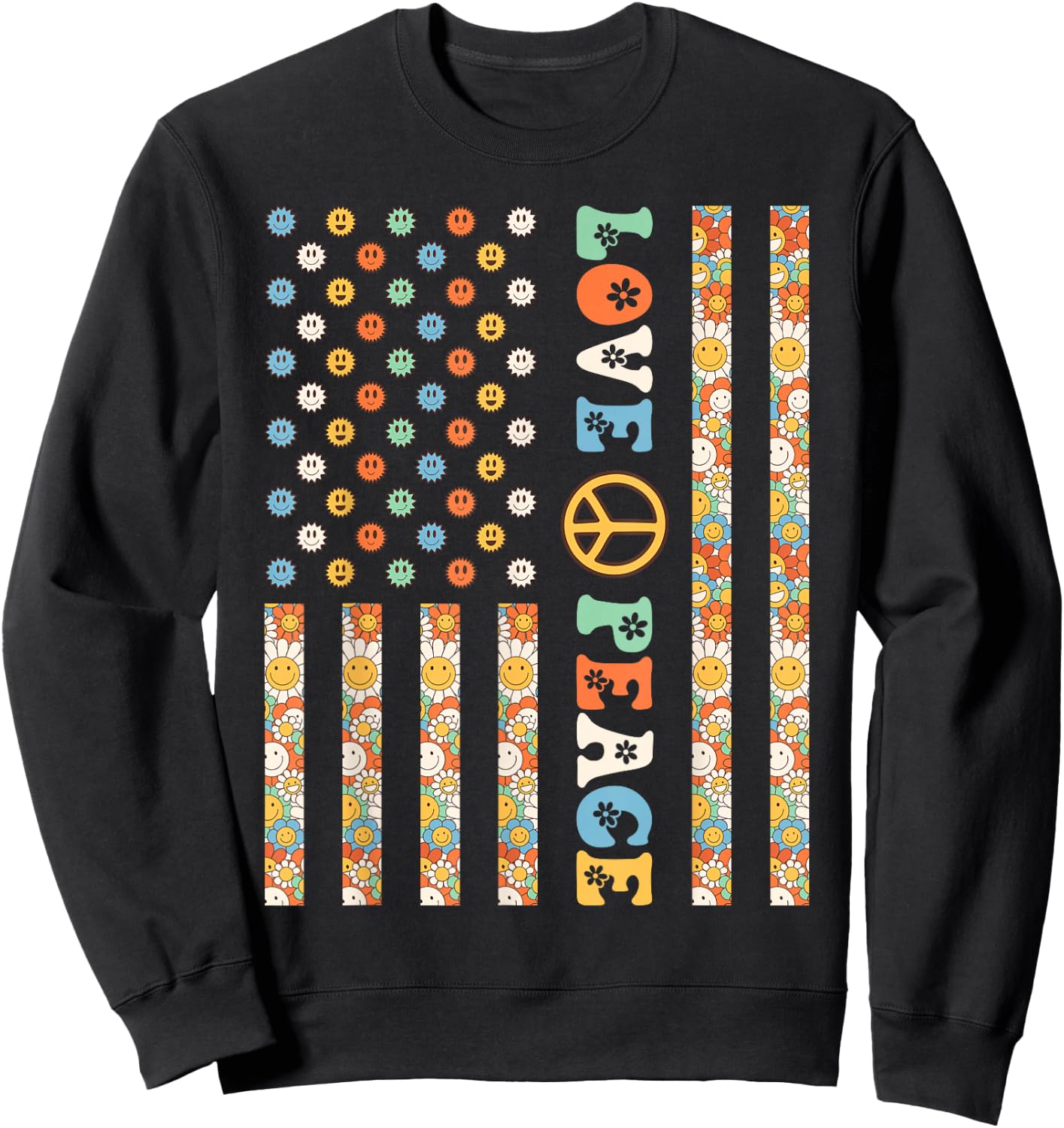 60s 70s American Flag Outfits Girls Kids Hippy Outfit USA Flag Hippie Groovy 1960s 1970s Love Peace Sweatshirt - Sweatshirt | Black