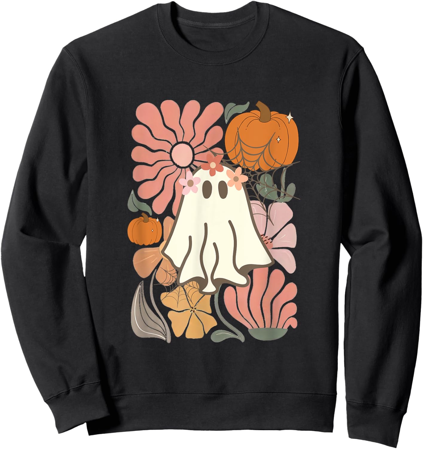 Boho Floral Fall Boho Ghost Cute Halloween girl Sweatshirt - Sweatshirt | Black