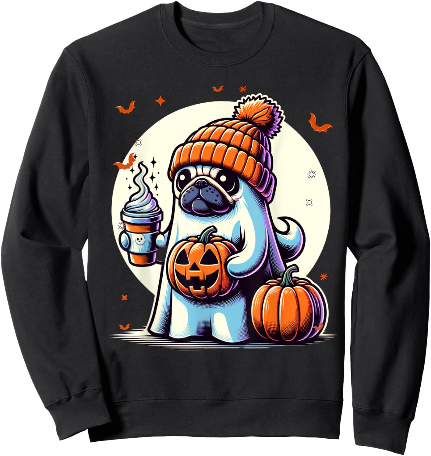 Ghost Pug Pumpkin Drinks Beanie Fall Halloween Sweatshirt - Sweatshirt | Black