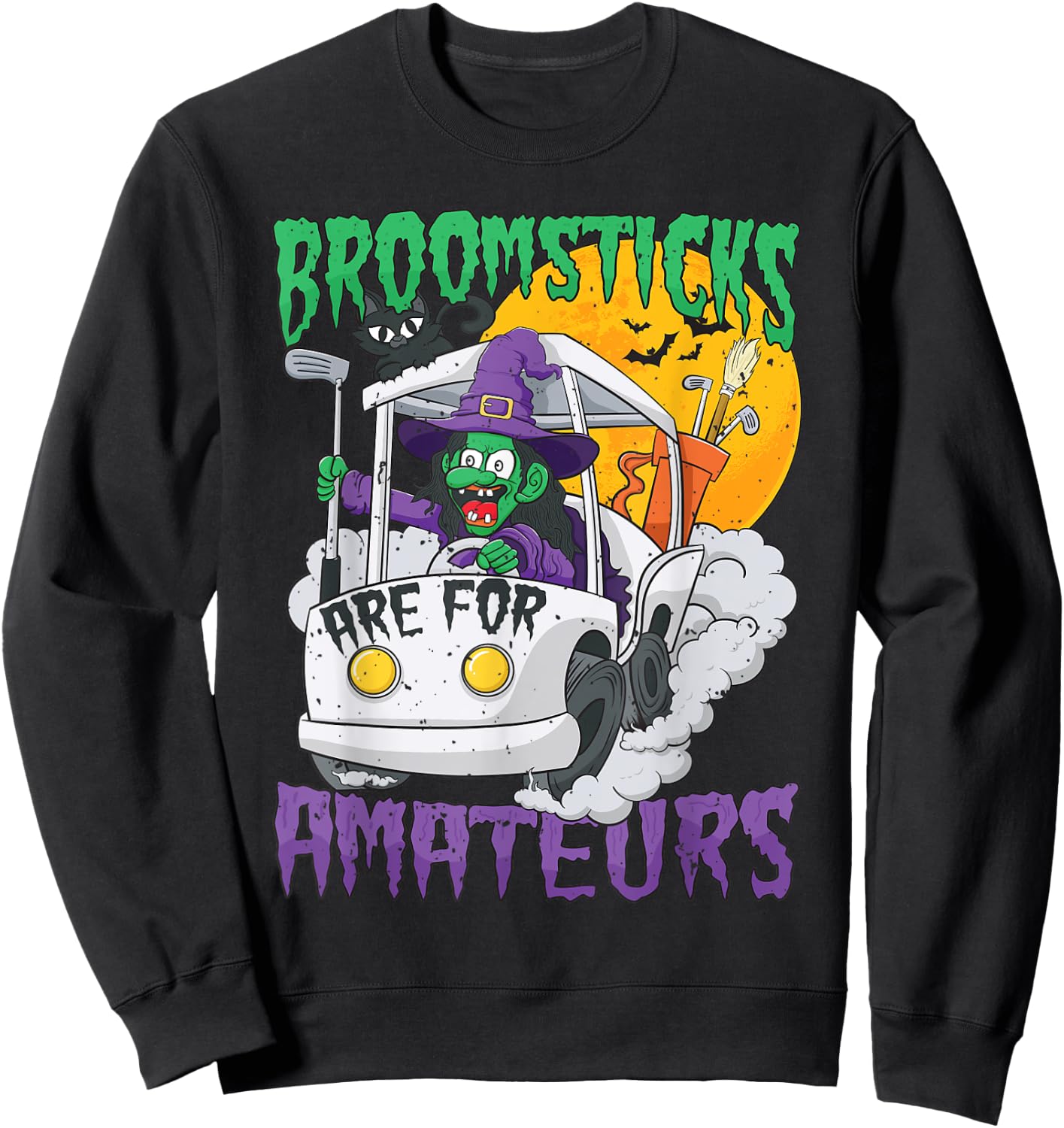 Witch Riding A Golf Cart Funny Halloween Sweatshirt - Sweatshirt | Black