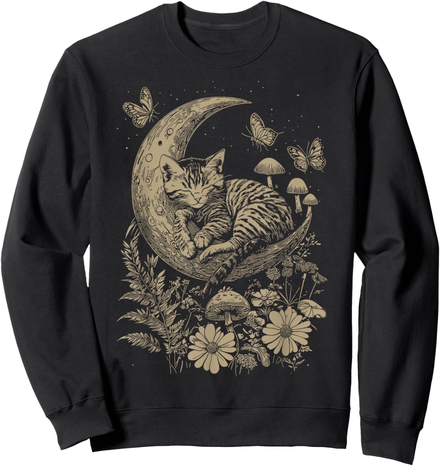 Cute Fairycore Floral Cat Sleeping Moon Aesthetic Girl Women Sweatshirt - Sweatshirt | Black