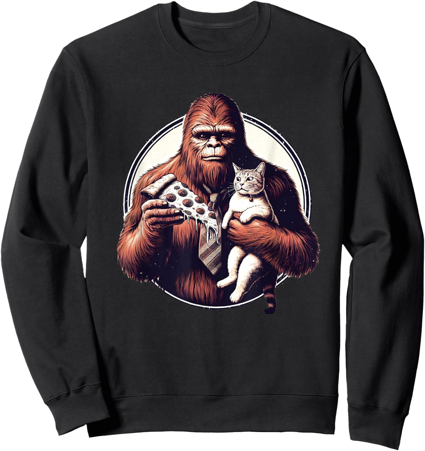 Funny Bigfoot Sasquatch Pet Cat Eating Pizza Adventures Women Kids Sweatshirt - Sweatshirt | Black
