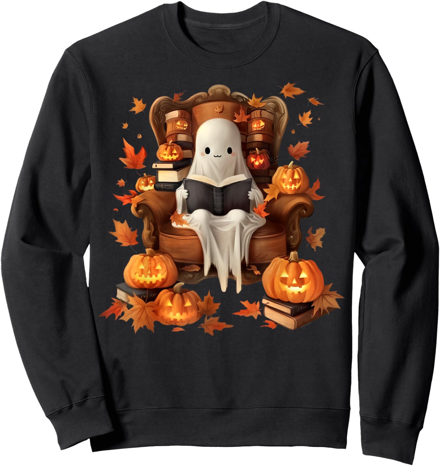 Vintage Ghost Book Reading Pumpkin Gothic Halloween Teachers Women Kids Sweatshirt - Sweatshirt | Black