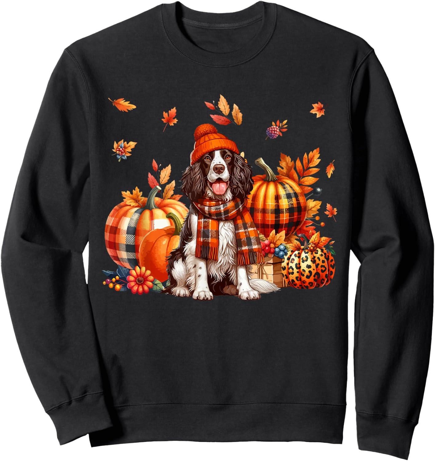 English Springer Spaniel Thanksgiving Leopard Pumpkins Fall Sweatshirt - Sweatshirt | Black