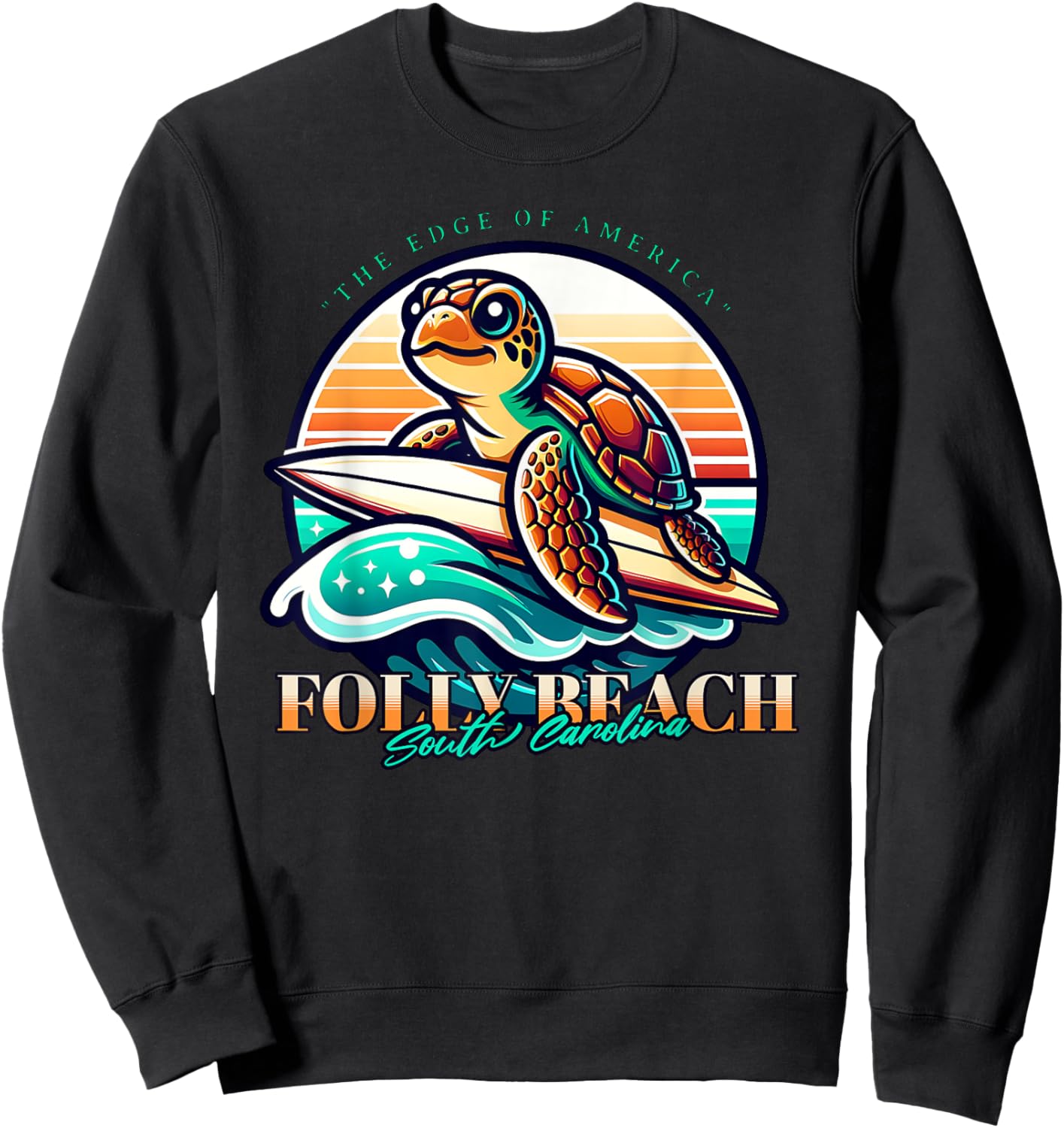 Folly Beach South Carolina Loggerhead Sea Turtle Retro Sun Women Kids Sweatshirt - Sweatshirt | Black