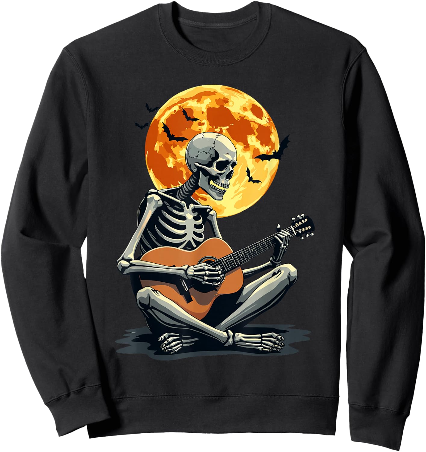 Skeleton Playing Guitar & Funny Halloween | Music & Moon Sweatshirt - Sweatshirt | Black