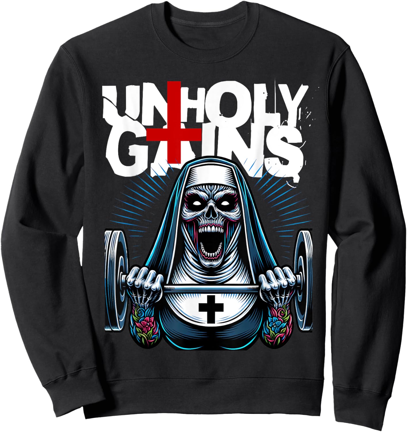 Unholy Gains Satanic Workout Devil Worship Nun Lifting Sweatshirt - Sweatshirt | Black