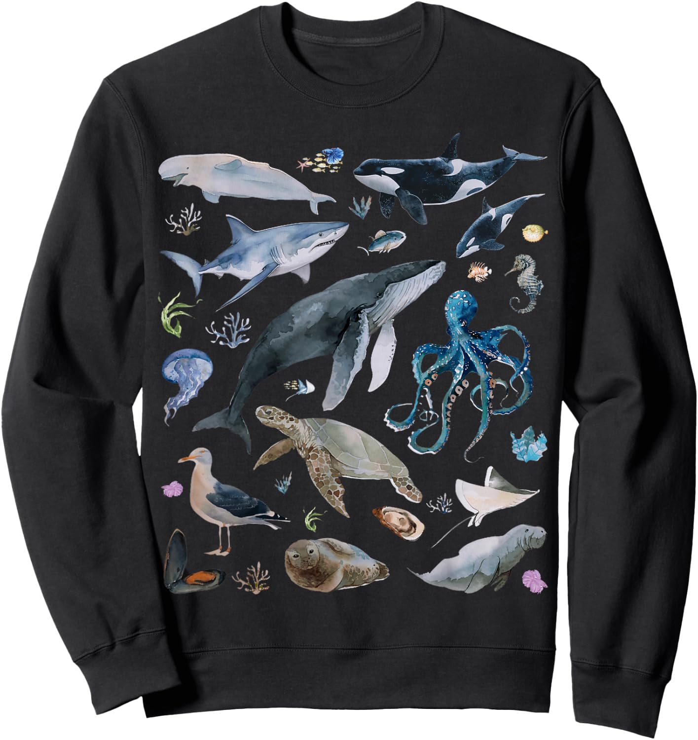 Vintage Ocean Animal Wildlife Shark Turtle Octopus Fish Sweatshirt - Sweatshirt | Black