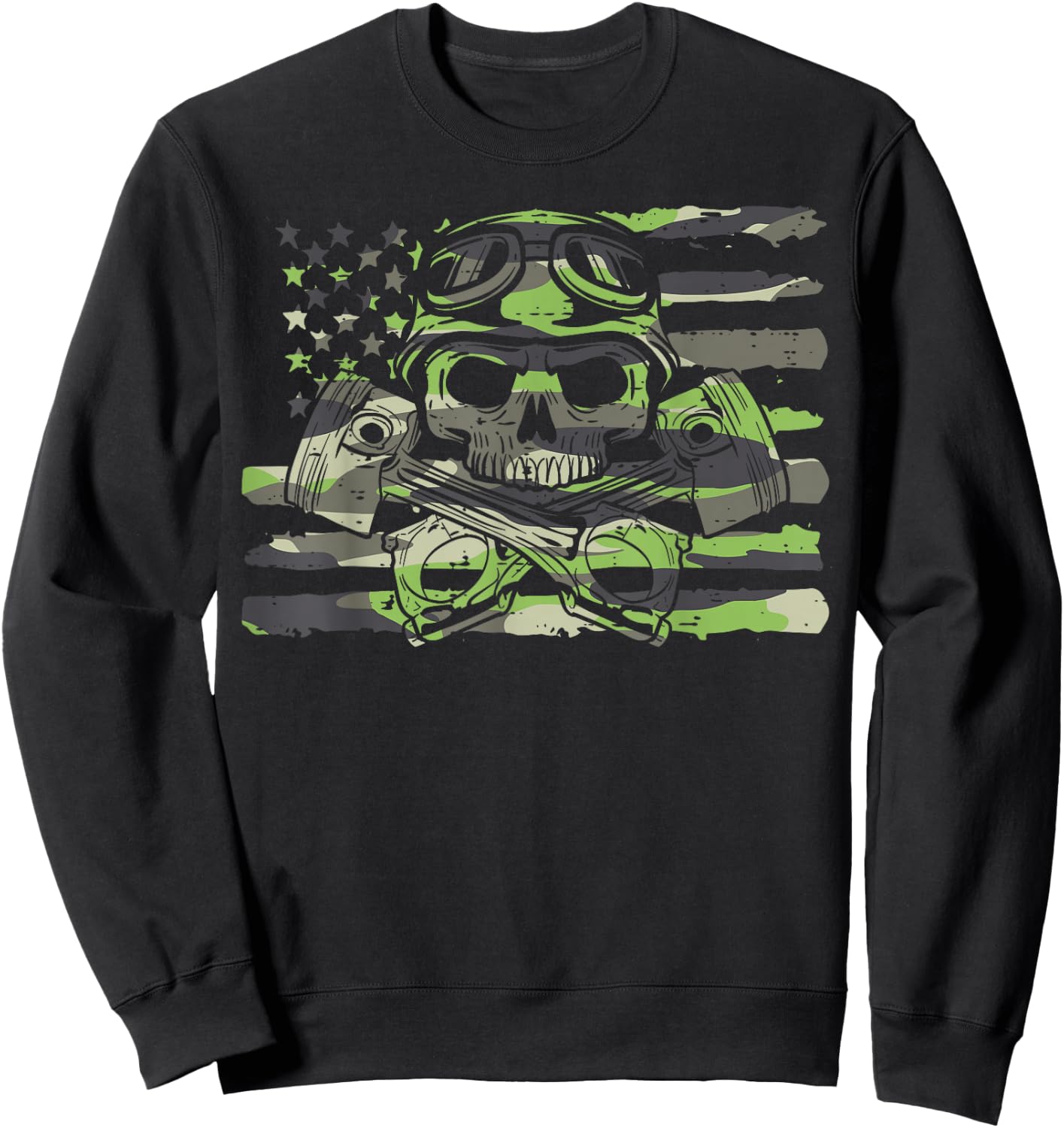 Biker Camo US Flag Skull Pistons Motorcycle Men Boys Kids Sweatshirt - Sweatshirt | Black