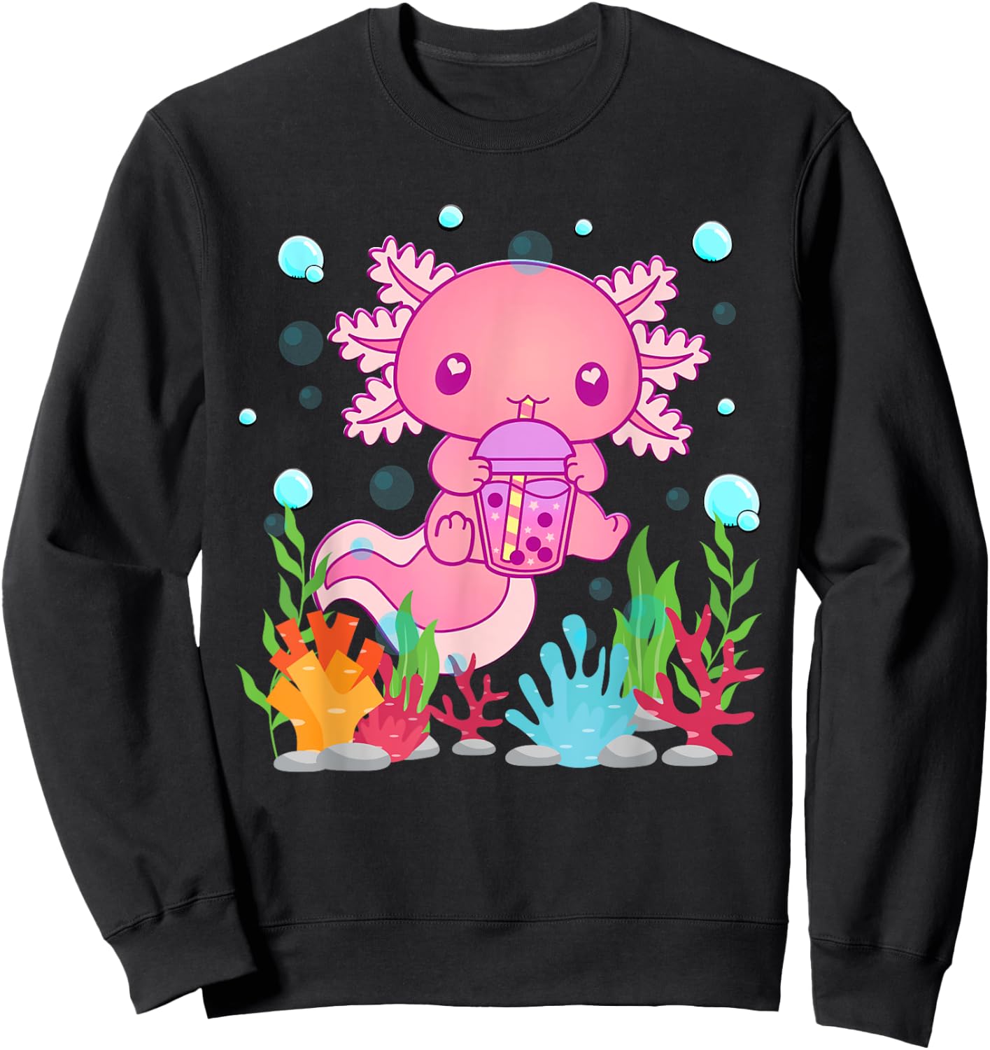 Cute Axolotl Boba Tea Kawaii Anime Teen Girls Kids Boys Sweatshirt - Sweatshirt | Black