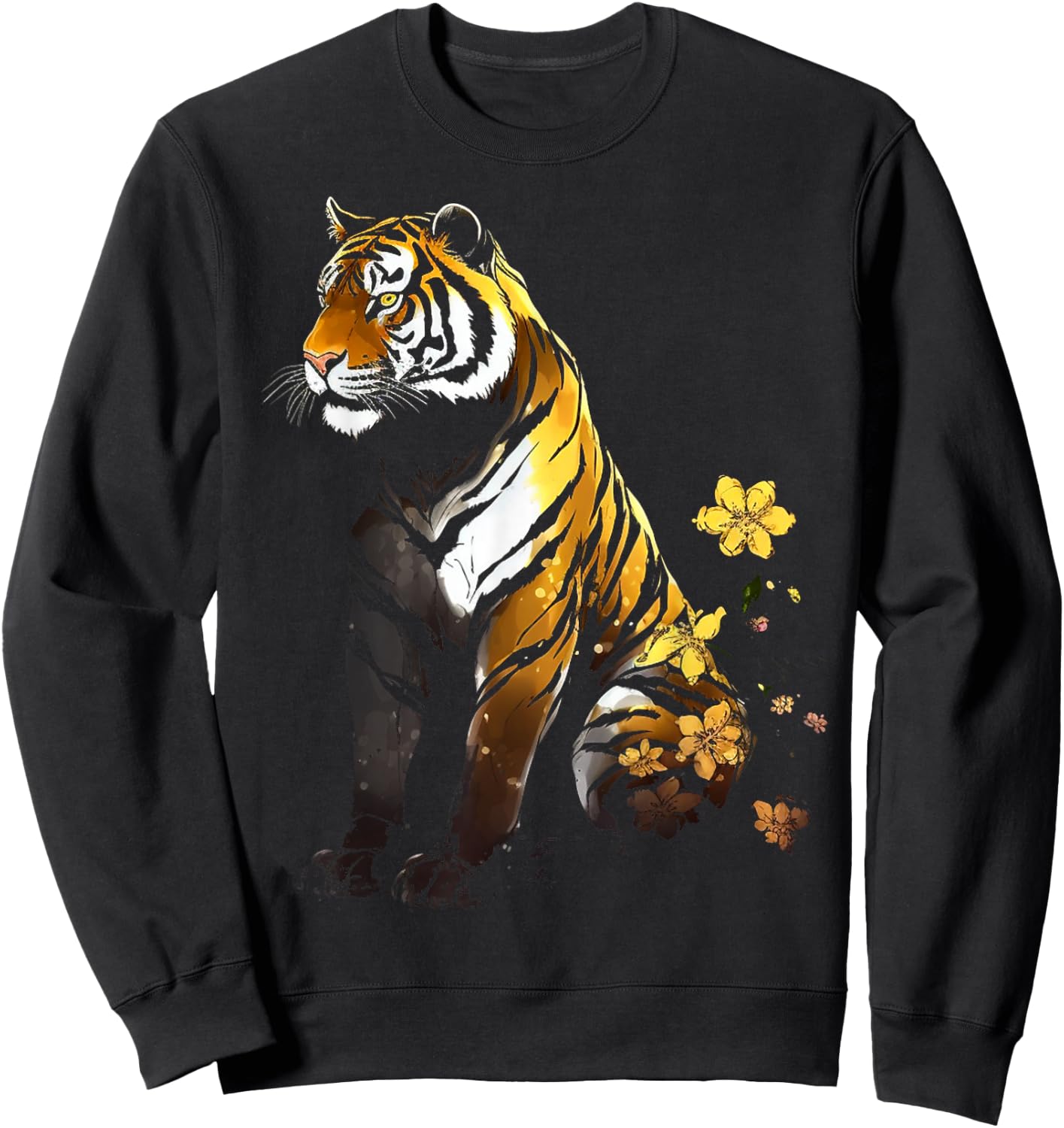 Tiger Artwork Flowers - Animal Art Tiger Sweatshirt - Sweatshirt | Black