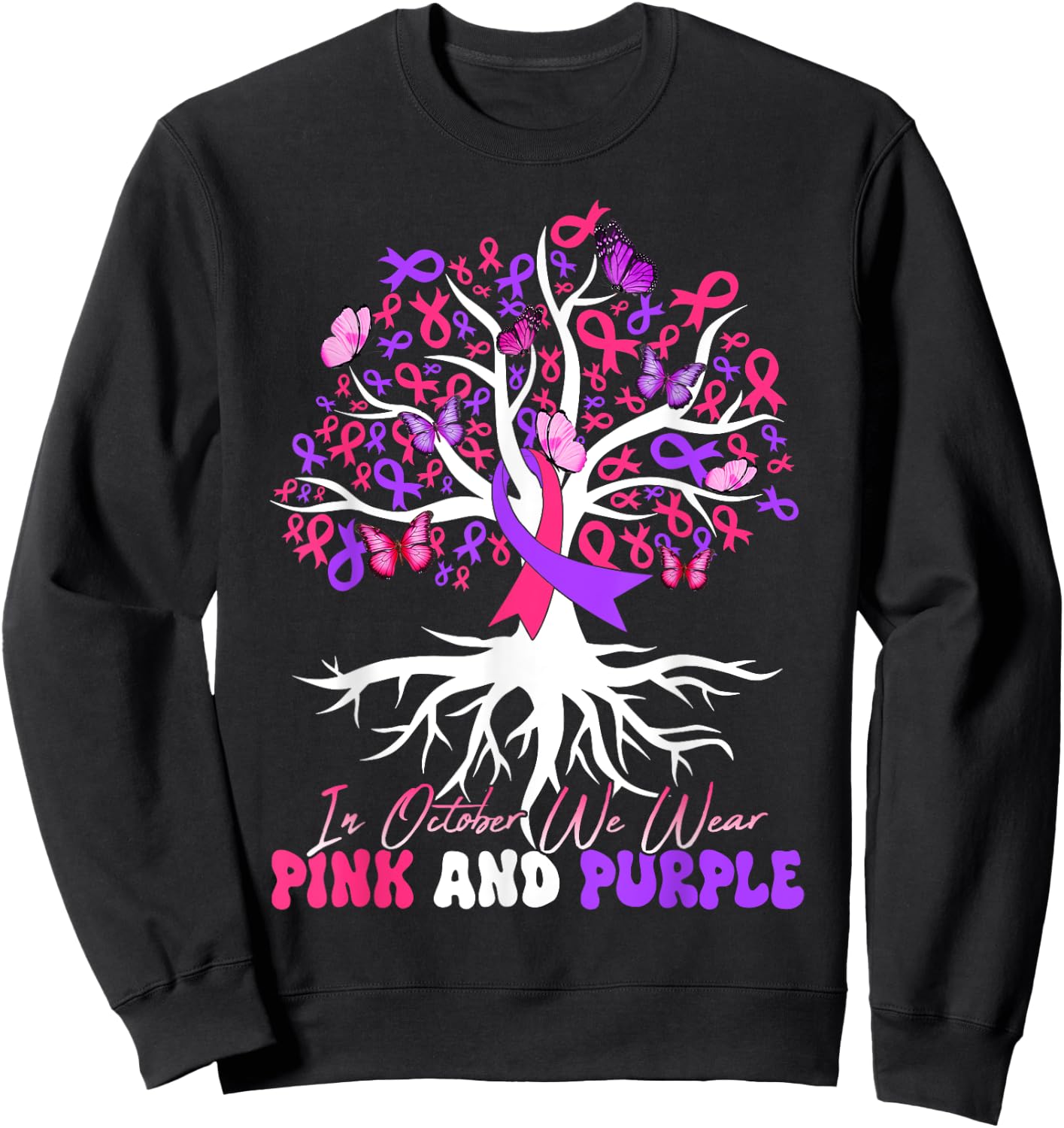 Domestic Violence Breast Cancer Awareness Month Ribbon Tree Sweatshirt - Sweatshirt | Black