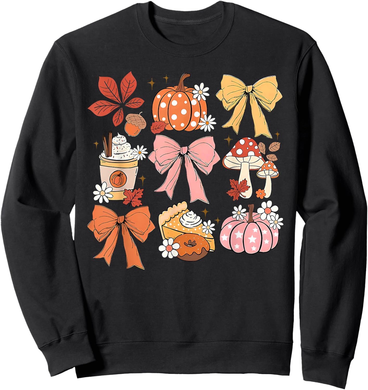 Coquette Bow Pumpkin Season Thanksgiving Autumn Fall Leaves Sweatshirt - Sweatshirt | Black