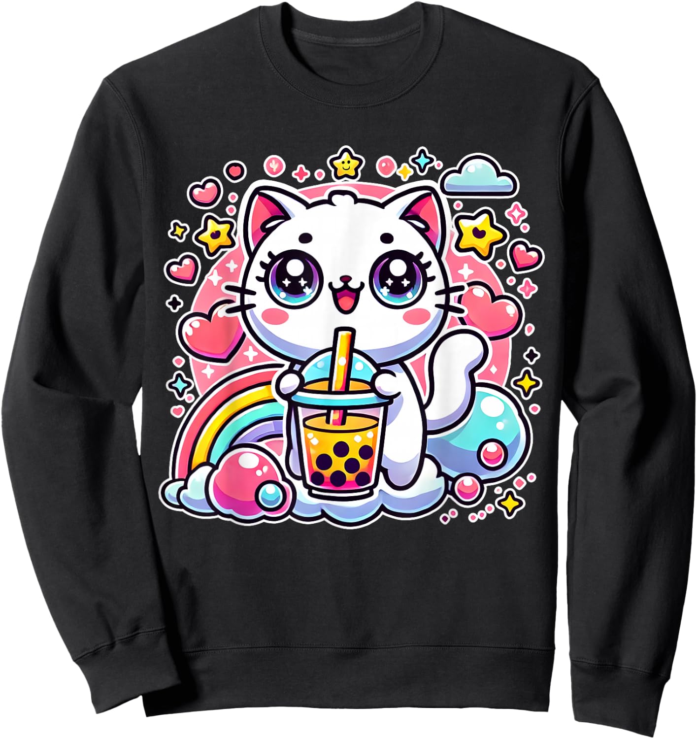 Cute Cat Boba Tea Bubble Tea Anime Kawaii Neko Gift Sweatshirt - Sweatshirt | Black