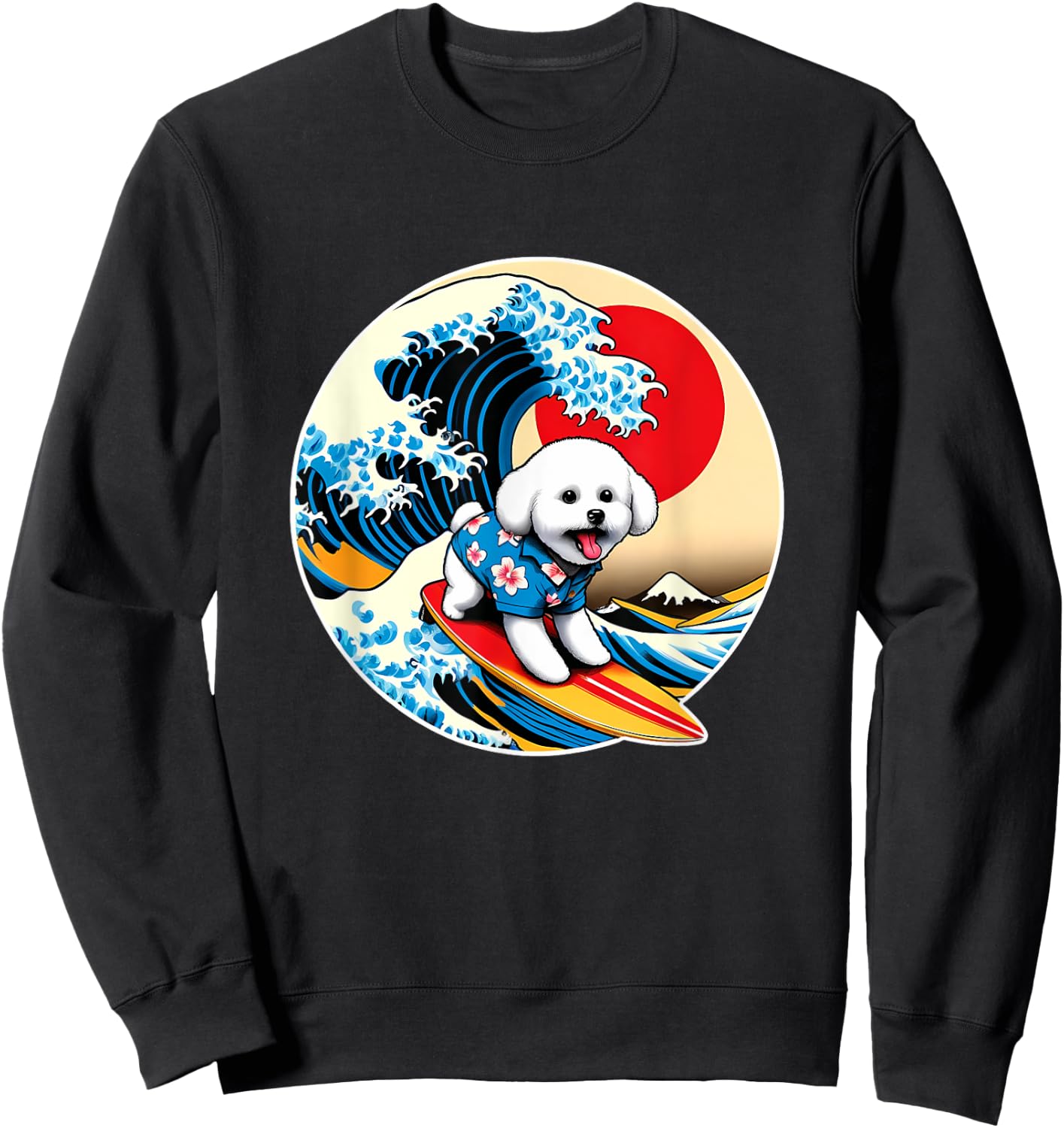 Great Wave Kanagawa Bichon Frise Dog Surfing Sweatshirt - Sweatshirt | Black