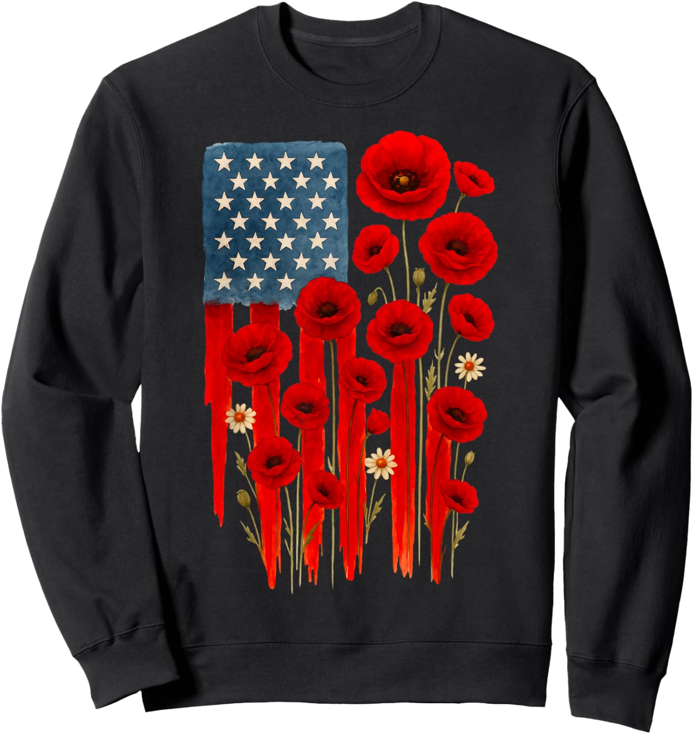 Poppy Flower Veterans Day USA Flag Memorial Day 4TH Of July Sweatshirt - Sweatshirt | Black