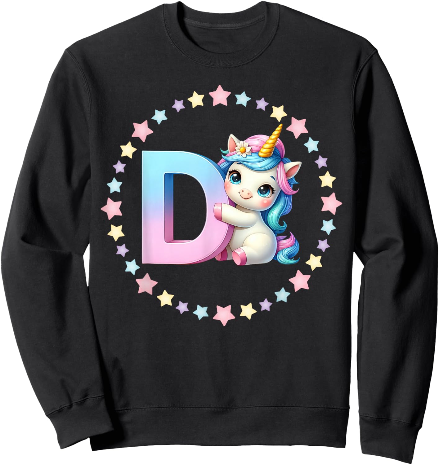 Unicorn Letter D Initial Rainbow Monogram for Girls and Kids Sweatshirt - Sweatshirt | Black