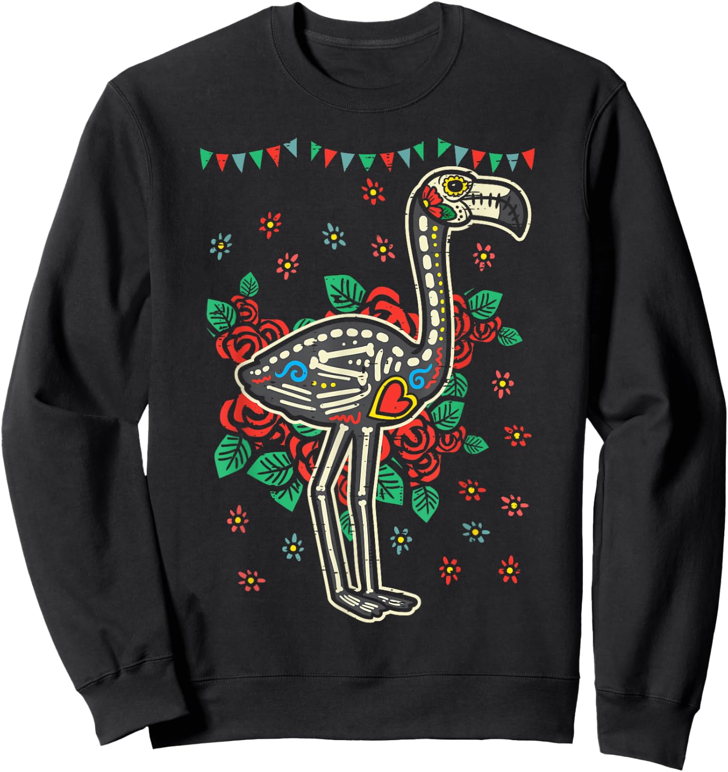 Sugar Skull Flamingo Dia De Muertos Mexican Halloween Bird Sweatshirt - Sweatshirt | Black