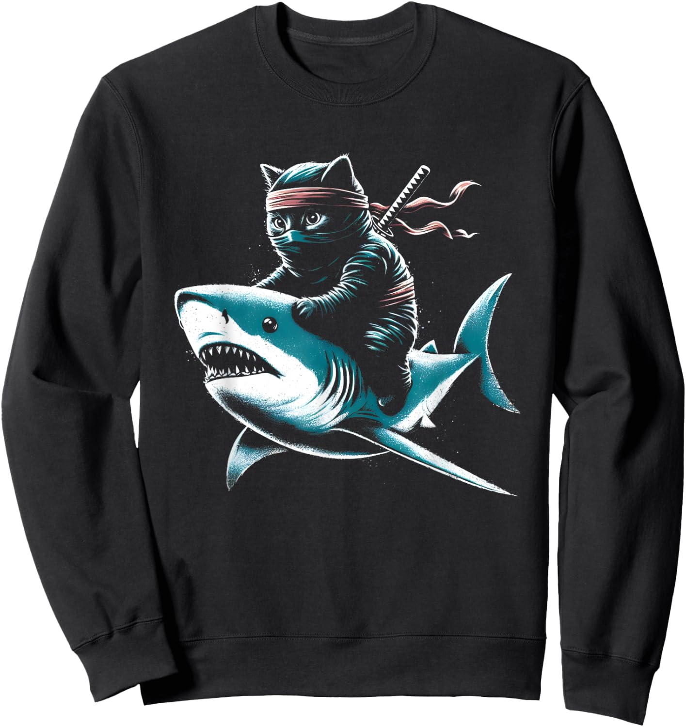 Ninja Cat Riding Shark - Funny Graphic Cat Kitten Lover Women Kids Sweatshirt - Sweatshirt | Black