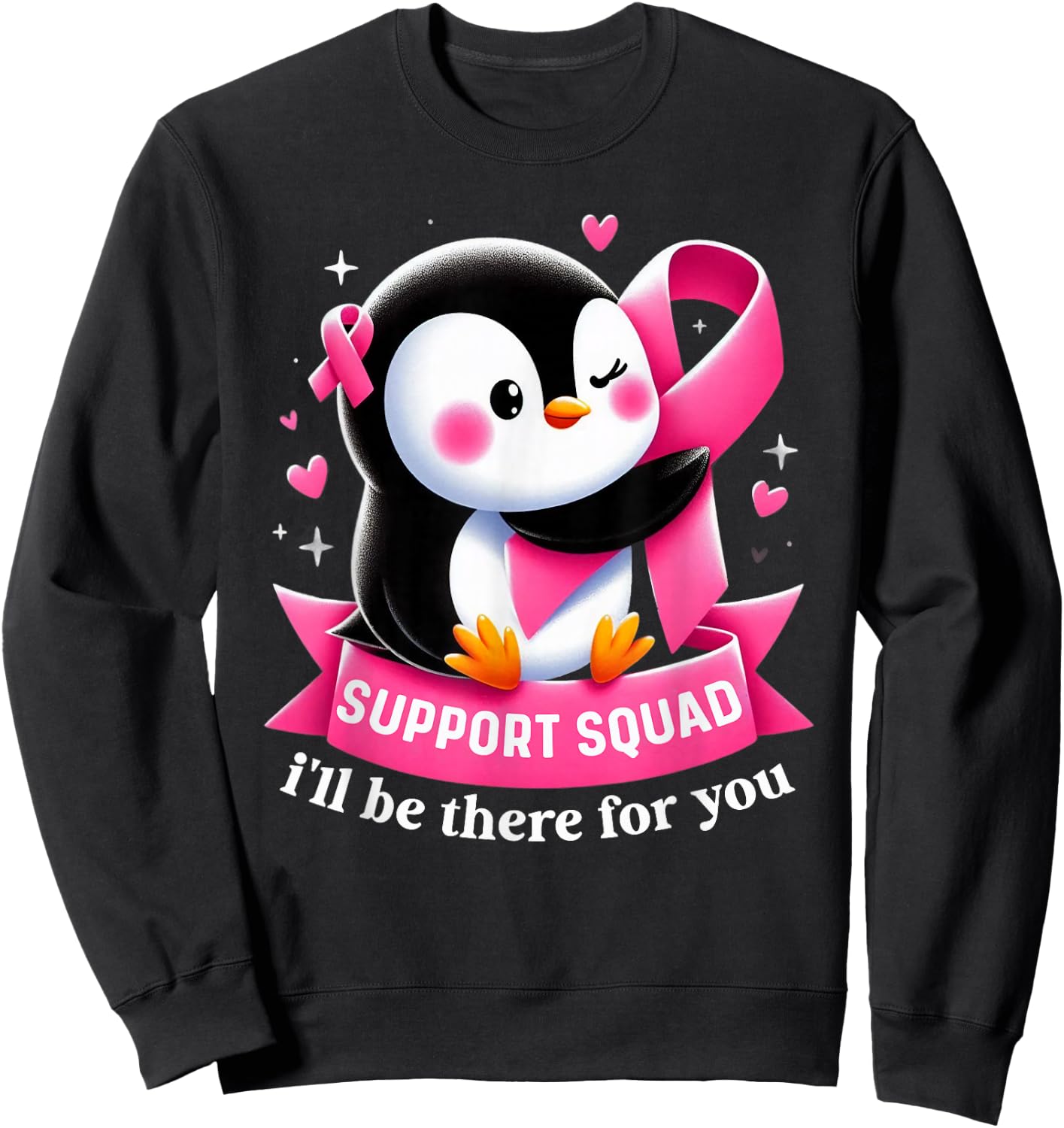 Support Squad Penguin Breast Cancer Awareness Pink Ribbon Sweatshirt - Sweatshirt | Black