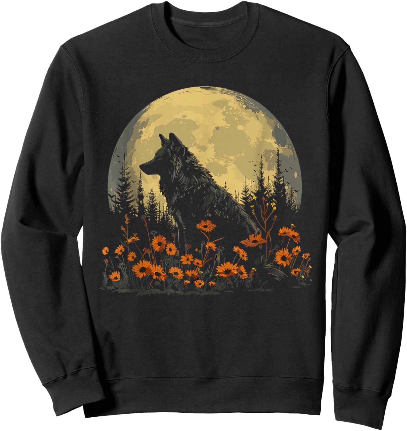 Wolf Floral Full Moon Wolves Flowers Sweatshirt - Sweatshirt | Black