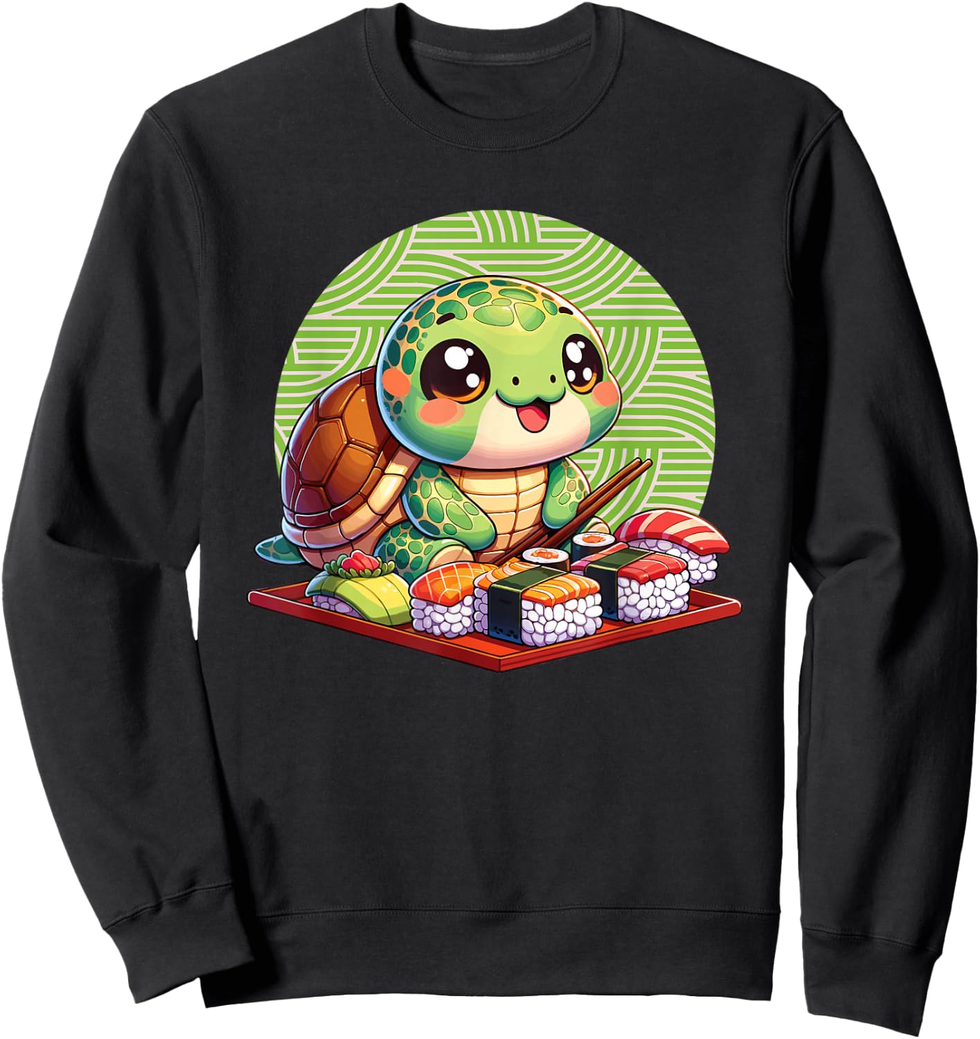 Red Eared Slider Eating Sushi, Kawaii Red Eared Slider Sweatshirt - Sweatshirt | Black