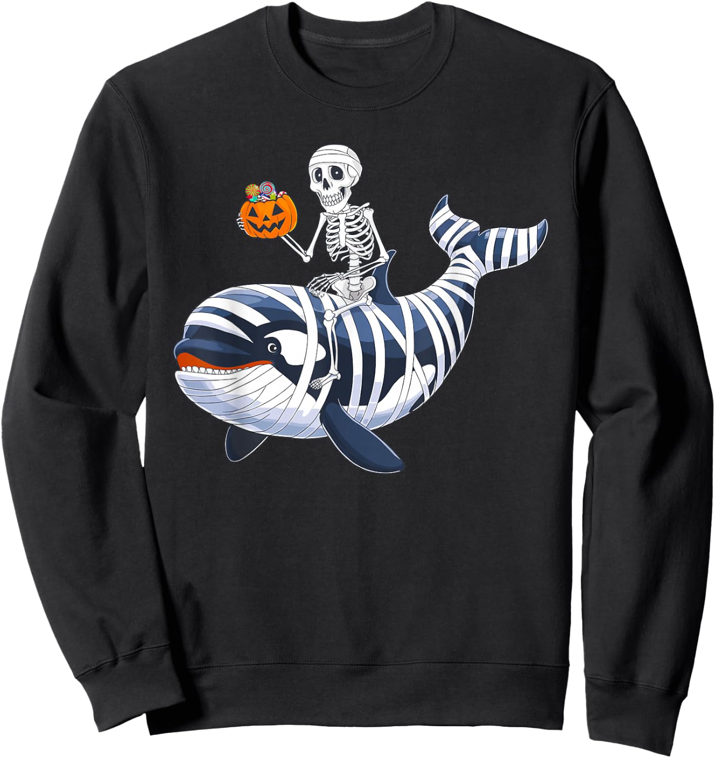 Skeleton Riding Mummy Orca Halloween Candy Whale Sweatshirt - Sweatshirt | Black