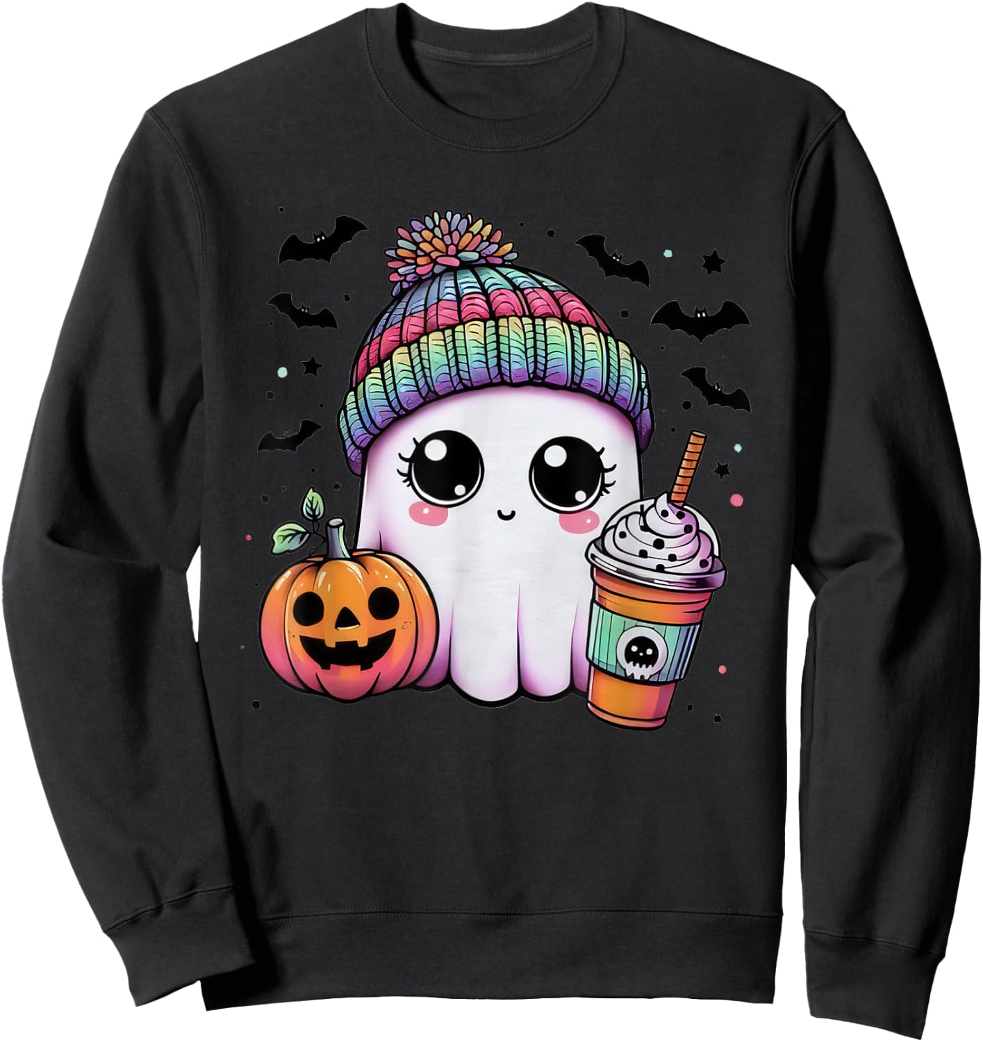 Cute Ghost Drinking Coffee Halloween Ghost Ice Coffee Sweatshirt - Sweatshirt | Black